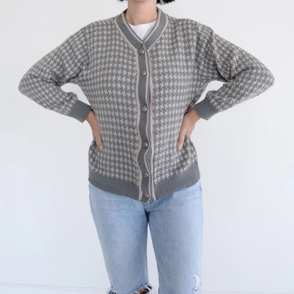 Vintage Excelsior Grey  and Pink-Cream Houndstooth Cardigan - Picture 2 of 12